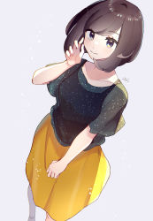 Rule 34 | 1girl, absurdres, alternate costume, black shirt, brown hair, closed mouth, collarbone, creatures (company), eyelashes, game freak, grey eyes, hand up, highres, looking at viewer, nintendo, pokemon, pokemon sm, selene (pokemon), shirt, short hair, short sleeves, signature, skirt, smile, solo, tere asahi, yellow skirt