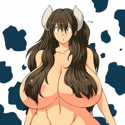 Rule 34 | 1girl, bad anatomy, breasts, brown hair, convenient censoring, cow girl, cow horns, curvy, gigantic breasts, grey horns, hair censor, hair over breasts, hataraki ari, horns, long hair, looking at viewer, navel, nude, original, out-of-frame censoring, small head, solo, standing, sukimi, yellow eyes