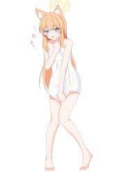 Rule 34 | 1girl, absurdres, alternate costume, alternate hairstyle, animal ears, barefoot, blue archive, blue eyes, blush, cat ears, collarbone, commentary request, embarrassed, full body, hair between eyes, halo, highres, kamitosayu, long hair, looking at viewer, mari (blue archive), naked towel, open mouth, simple background, solo, standing, towel, white background