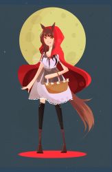 Rule 34 | 1girl, animal ears, basket, big bad wolf, boots, cape, cloak, full body, full moon, grimm&#039;s fairy tales, highres, hood, little red riding hood, little red riding hood (grimm), moon, original, red cape, smile, solo, tail, wolf ears, wolf tail
