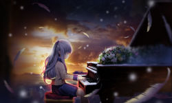 Rule 34 | 1girl, angel beats!, blue skirt, brown jacket, closed eyes, feathers, from side, instrument, jacket, long hair, music, outdoors, piano, playing instrument, pleated skirt, sanyuejiuri, silver hair, sitting, skirt, solo, tenshi (angel beats!), white feathers