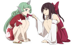 Rule 34 | 2girls, arm support, bare shoulders, biting, bow, brown eyes, brown footwear, brown hair, cloud print, collared shirt, curly hair, detached sleeves, frilled hair tubes, frills, green eyes, green hair, hair bow, hair tubes, hair tubes removed, hakurei reimu, half-closed eyes, holding, horns, kariyushi shirt, komano aunn, leon (mikiri hassha), long hair, long sleeves, looking at another, looking at viewer, midriff peek, mouth hold, multiple girls, nontraditional miko, open mouth, red bow, red skirt, sandals, shirt, short sleeves, sidelocks, simple background, single horn, sketch, skirt, skirt set, sleeveless, sleeveless shirt, squatting, sweatdrop, thighs, touhou, triangle mouth, tsurime, white background, wide sleeves