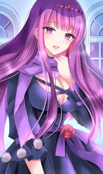 Rule 34 | 1girl, blush, breasts, cleavage, cleavage cutout, clothing cutout, dress, female focus, fire emblem, fire emblem engage, hair ornament, highres, ivy (fire emblem), kirishima riona, large breasts, long hair, long sleeves, matching hair/eyes, mole, mole under mouth, nintendo, official alternate costume, purple eyes, purple hair, scarf, smile, solo, veil