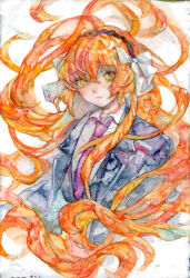 Rule 34 | 1girl, black jacket, blush, bow, brown hairband, closed mouth, collared shirt, commentary, floating hair, freckles, hair bow, hairband, highres, ishmael (project moon), jacket, limbus company, long hair, looking at viewer, necktie, orange hair, painting (medium), project moon, red necktie, rope, senoaxxnoa, shirt, simple background, solo, traditional media, upper body, very long hair, watercolor (medium), white background, white bow, white shirt, wing collar