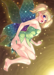 Rule 34 | 1girl, :o, armpits, artistic error, ass, bare shoulders, barefoot, blonde hair, blush, bottomless, braid, breasts, butterfly wings, censored, covering crotch, covering privates, dragon&#039;s crown, dress, embarrassed, fairy, fairy wings, feet, female focus, flying, insect wings, legs, looking at viewer, looking back, miyai sen, mosaic censoring, no panties, open mouth, pointy ears, purple eyes, pussy, short hair, shy, sideboob, soles, solo, sparkle, strapless, strapless dress, surprised, sweat, sweatdrop, tiki (dragon&#039;s crown), twin braids, twintails, wings, wrong hand