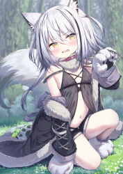 Rule 34 | 1girl, animal ear fluff, animal ears, animal hands, black coat, black hair, chain, chain leash, clothes down, coat, collar, fang, flat chest, full body, fur-trimmed coat, fur collar, fur trim, gloves, grey hair, highres, leash, long sleeves, medium hair, multicolored hair, navel, on one knee, open clothes, open coat, original, paw gloves, paw shoes, short shorts, shorts, stomach, tail, topia, white hair, wolf ears, wolf girl, wolf tail, yellow eyes
