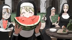 Rule 34 | 4girls, ^ ^, blonde hair, blush, brown hair, chopping board, closed eyes, clumsy nun (diva), day, diva (hyxpk), eating, eye contact, food, frown, fruit, glasses, glasses nun (diva), habit, happy, highres, hungry nun (diva), jealous, little nuns (diva), looking at another, mole, mole under eye, multiple girls, nun, outdoors, plate, pointing, pointing at another, round eyewear, strict nun (diva), table, traditional nun, watermelon, wooden table