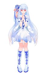 Rule 34 | 1girl, blue dress, blue footwear, blue hair, blunt bangs, boots, detached sleeves, dress, full body, hair ornament, highres, knee boots, kotonoha aoi, legs together, long hair, looking at viewer, official art, own hands together, pink thighhighs, red eyes, scared, sidelocks, sleeveless, sleeveless dress, solo, standing, straight-on, tachi-e, thighhighs, transparent background, very long hair, voiceroid, yagasuri, yoshida yoshitsugi