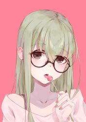Rule 34 | 1girl, absurdres, bad id, bad pixiv id, candy, fei mao, food, glasses, highres, looking at viewer, original, pink background, simple background, solo, tongue