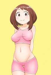 Rule 34 | 10s, 1girl, absurdres, arms behind back, bare shoulders, blush, boku no hero academia, breasts, brown eyes, brown hair, cameltoe, cleft of venus, highres, impossible clothes, large breasts, looking at viewer, matching hair/eyes, medium hair, midriff, navel, pink shorts, pink sports bra, poa mellhen, shorts, simple background, smile, solo, sports bra, standing, uraraka ochako, yellow background