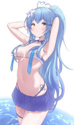 Rule 34 | 1girl, ahoge, alternate costume, arms up, bikini, bikini top only, blue hair, blue skirt, blush, breasts, caustics, cleavage, colored tips, cowboy shot, flower, flower knot, glint, hair flower, hair ornament, hands in hair, heart, heart ahoge, highres, hololive, large breasts, light blue hair, long hair, looking at viewer, miniskirt, multicolored hair, navel, o-ring, o-ring bikini, open mouth, pleated skirt, pointy ears, ponytail, skindentation, skirt, solo, stomach, streaked hair, swimsuit, taraneko miso, thigh strap, thighs, two-tone hair, virtual youtuber, wading, water, wet, white bikini, yellow eyes, yukihana lamy