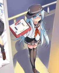 Rule 34 | 10s, 1girl, aqua eyes, artist self-reference, black thighhighs, blue eyes, embarrassed, hat, hibiki (kancolle), kantai collection, long hair, pizza box, pizza delivery, pizza hut, rei (rei&#039;s room), rensouhou-chan, school uniform, serafuku, silver hair, skirt, solo, thighhighs