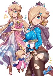 1girl ass blonde_hair blue_eyes breasts butt_crack chibi cloak company_connection cosplay crown dress hair_over_one_eye highres hood hood_down hooded_cloak mario_(series) mini_crown multiple_views nintendo panties pants princess_zelda princess_zelda_(cosplay) rosalina smile super_mario_galaxy the_legend_of_zelda the_legend_of_zelda:_a_link_between_worlds the_legend_of_zelda:_echoes_of_wisdom the_legend_of_zelda:_tears_of_the_kingdom toggy_keiichi torn_clothes torn_pants underwear