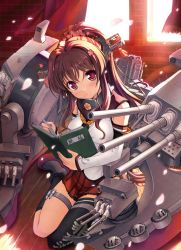 Rule 34 | 10s, 1girl, bekkankou, black thighhighs, book, breasts, brick wall, brown hair, cannon, curtains, detached sleeves, flower, hair flower, hair ornament, hairband, highres, holding, holding book, indoors, kantai collection, looking at viewer, machinery, open book, petals, ponytail, purple eyes, single thighhigh, sitting, skirt, solo, sunlight, tassel, thighhighs, turret, wind, window, yamato (kancolle), yokozuwari