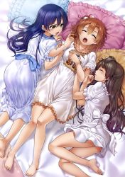 Rule 34 | 10s, 3girls, arm grab, ass, barefoot, blue eyes, blue hair, blush, bow, brown hair, chobipero, collarbone, closed eyes, food, frilled pillow, frills, from above, girl sandwich, hair bow, highres, holding, holding food, kosaka honoka, long hair, looking at another, love live!, love live! school idol project, lying, minami kotori, multiple girls, nightgown, on back, on side, on stomach, orange hair, pajamas, pillow, profile, sandwiched, scan, side ponytail, sleeping, sonoda umi, white bow, yellow eyes