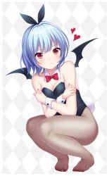 Rule 34 | 1girl, alternate costume, bare arms, bare shoulders, bat wings, black ribbon, blue hair, blush, bow, bowtie, breasts, checkered background, cleavage, commentary request, detached collar, fake tail, full body, grey background, hair ribbon, heart, highres, leotard, looking at viewer, nail polish, no headwear, no shoes, pantyhose, playboy bunny, rabbit tail, red bow, red bowtie, red eyes, red nails, remilia scarlet, ribbon, see-through, see-through legwear, short hair, small breasts, solo, squatting, tail, thighs, toenail polish, toenails, touhou, wings, wrist cuffs, yamayu