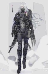 Rule 34 | 1girl, absurdres, ak-15, ak-15 (girls&#039; frontline), ak-15 (mod3) (girls&#039; frontline), assault rifle, body armor, buckle, color guide, defy (girls&#039; frontline), detached sleeves, full body, girls&#039; frontline, gun, gun on back, half mask, highres, holding, holding knife, kalashnikov rifle, knife, long hair, looking at viewer, mask, mod3 (girls&#039; frontline), nslacka, official alternate costume, pouch, purple eyes, rifle, sheath, sheathed, simple background, solo, tactical clothes, throwing knife, weapon, weapon on back, white hair