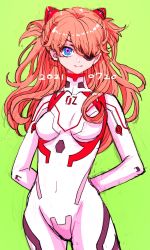 Rule 34 | 1girl, blue eyes, bodysuit, boyaking, breasts, brown hair, dated, evangelion: 3.0+1.0 thrice upon a time, eyepatch, green background, hair ornament, highres, lips, long hair, looking at viewer, neon genesis evangelion, pilot suit, plugsuit, rebuild of evangelion, shiny clothes, skin tight, smile, solo, souryuu asuka langley, two side up, very long hair, white bodysuit, wide hips