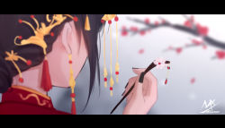 Rule 34 | artist name, black hair, blurry, blurry background, branch, flower, from behind, hair ornament, hand up, highres, holding, letterboxed, nail polish, original, petals, red nails, shimmer, short hair, white flower