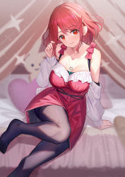 Rule 34 | 1girl, arm support, bare shoulders, bed, black pantyhose, blurry, blurry background, breasts, cleavage, closed mouth, collarbone, commentary request, depth of field, dress, duplicate, hair between eyes, heart, heart-shaped pillow, highres, indoors, jacket, large breasts, long sleeves, looking at viewer, no shoes, off-shoulder dress, off shoulder, on bed, pantyhose, pillow, pixel-perfect duplicate, puffy long sleeves, puffy sleeves, pyra (xenoblade), red dress, red eyes, red hair, ririko (zhuoyandesailaer), smile, solo, thighband pantyhose, white jacket, xenoblade chronicles (series), xenoblade chronicles 2