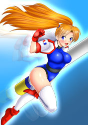 Rule 34 | 1girl, absurdres, arm up, ass, blue eyes, blue leotard, blush, boots, breasts, brown hair, clenched hand, cropped jacket, gloves, highres, jacket, jumping, leg up, leotard, long hair, namco, nanao futaba, numan athletics, open mouth, red gloves, sharon les halles, smile, solo, thighhighs, white jacket, white thighhighs