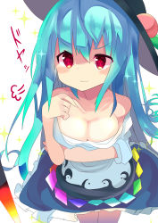 Rule 34 | 1girl, :d, absurdres, bare shoulders, black hat, blue hair, blue skirt, blush, breasts, cleavage, closed mouth, cowboy shot, doyagao, food, fruit, hair between eyes, hat, highres, hinanawi tenshi, long hair, looking at viewer, medium breasts, off shoulder, open mouth, peach, red eyes, simple background, skirt, smile, smug, solo, sparkle, sparkling eyes, te toga, touhou, white background