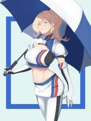 Rule 34 | 1girl, alternate costume, alternate hairstyle, blonde hair, blue eyes, breasts, cleavage, closed mouth, elbow gloves, gloves, hair between eyes, highres, holding, holding umbrella, kantai collection, large breasts, lips, long hair, midriff, mole, mole under eye, mole under mouth, navel, pantyhose, ponytail, race queen, richelieu (kancolle), shingyou (alexander-13), short sleeves, simple background, skirt, solo, two-tone background, umbrella