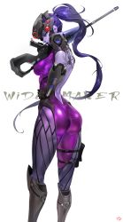 Rule 34 | 1girl, absurdres, ass, back tattoo, bodysuit, boots, breasts, colored skin, covered erect nipples, elbow gloves, from behind, gloves, gun, hand on own hip, head-mounted display, highres, knee boots, long hair, looking back, overwatch, overwatch 1, ponytail, purple skin, rifle, sniper rifle, solo, spider tattoo, tattoo, thighs, very long hair, visor, weapon, widowmaker (overwatch), yd (orange maru), yellow eyes