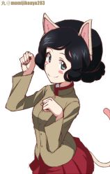 Rule 34 | 1girl, animal ears, artist name, black hair, blush stickers, brown jacket, cat ears, cat tail, chi-hatan school uniform, closed mouth, commentary, curly hair, girls und panzer, high collar, jacket, kayabakoro, kemonomimi mode, long sleeves, looking at viewer, miniskirt, one-hour drawing challenge, paw pose, pleated skirt, red skirt, school uniform, short hair, simple background, skirt, smile, solo, standing, swept bangs, tail, teramoto tomiko, twitter username, white background
