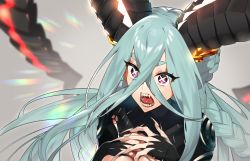 Rule 34 | 1girl, blue hair, braid, breasts, creepy, fate/grand order, fate (series), female focus, fingernails, hair between eyes, horns, long fingernails, open mouth, purple eyes, sharp fingernails, sharp teeth, sino42, solo, symbol-shaped pupils, teeth, thick eyebrows, tiamat (fate), tongue, upper body, x-shaped pupils