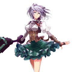 Rule 34 | 10s, 1girl, bare legs, black gloves, black ribbon, blue eyes, breasts, center opening, ciel alencon, corset, cowboy shot, expressionless, fingerless gloves, gloves, god eater, god eater 2: rage burst, green skirt, hair between eyes, hair ribbon, head tilt, holding, holding weapon, ishiwari, large breasts, layered skirt, looking at viewer, messy hair, parted lips, red ribbon, ribbon, shirt, short hair, silver hair, simple background, skirt, solo, turtleneck, underbust, weapon, white background, white shirt, wrist cuffs