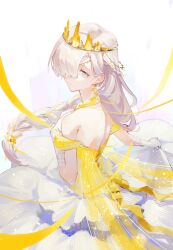 Rule 34 | 1girl, absurdres, alternate costume, back, braid, corset, crown, dress, earrings, frilled dress, frilled skirt, frills, glint, gloves, grey eyes, hair over eyes, hair over one eye, hand on own chest, highres, holding, holding clothes, holding skirt, isekai joucho, jewelry, kamitsubaki studio, long braid, long hair, looking to the side, parted lips, ribbon, side braid, simple background, single braid, skirt, solo, very long hair, virtual youtuber, walluka, white background, white dress, white gloves, white hair, yellow ribbon
