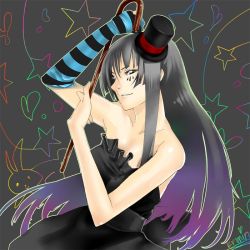Rule 34 | 1girl, akiyama mio, asymmetrical clothes, bare shoulders, black hair, breasts, rabbit, cane, colorful, don&#039;t say &quot;lazy&quot;, dress, female focus, gloves, hat, heart, k-on!, long hair, mini hat, mini top hat, off shoulder, rainbow, single glove, solo, star (symbol), strapless, strapless dress, striped, top hat