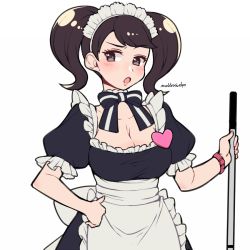 Rule 34 | 1girl, artist name, black hair, blush, breasts, brown eyes, brown hair, collarbone, commentary request, do m kaeru, kawakami sadayo, large breasts, long hair, looking at viewer, maid, maid headdress, medium breasts, persona, persona 5, short hair, solo, twintails