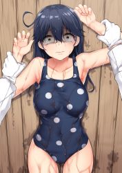 Rule 34 | 10s, 1girl, absurdres, admiral (kancolle), against wall, ahoge, arm grab, arm up, armpits, bags under eyes, bare arms, bare shoulders, black hair, breasts, brown eyes, constricted pupils, covered navel, cowboy shot, curvy, dripping, game cg, gloves, hair between eyes, hetero, highres, holding another&#039;s wrist, imminent rape, jack dempa, kabedon, kantai collection, large breasts, long hair, long sleeves, looking at viewer, polka dot, polka dot swimsuit, pov, pov hands, restrained, scared, shaded face, solo focus, standing, swimsuit, thighs, ushio (kancolle), very long hair, water, wet, wet clothes, wet hair, wet swimsuit, wooden wall