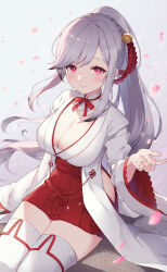 Rule 34 | 1girl, alternate costume, azur lane, bell, black hair, blush, braid, breasts, chihaya (clothing), cleavage, closed mouth, commission, dunkerque (azur lane), gradient hair, grey hair, hair bell, hair ornament, hakama, high ponytail, highres, hip vent, japanese clothes, large breasts, long hair, long sleeves, looking at viewer, miko, multicolored hair, petals, pink nails, red eyes, red hakama, sitting, skeb commission, smile, solo, thighhighs, white thighhighs, wide sleeves, yoshino saku, zettai ryouiki