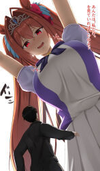 absurdres animal_ears black_hair bow breasts daiwa_scarlet_(umamusume) from_below giant giantess hair_intakes highres horse_ears horse_girl large_breasts lien long_hair looking_at_another looking_down pleated_skirt red_eyes red_hair short_sleeves simple_background size_difference skirt tiara twintails umamusume very_long_hair