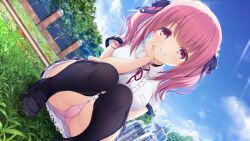 Rule 34 | 1girl, black footwear, black thighhighs, brooch, cameltoe, choker, day, dutch angle, fountain, grin, hair ribbon, highres, jewelry, knees together feet apart, light rays, loafers, looking at viewer, mikagami mamizu, miniskirt, official art, outdoors, panties, pantyshot, pink panties, plaid, plaid skirt, pleated skirt, red eyes, red hair, ribbon, shoes, short sleeves, skirt, smile, solo, squatting, tachibana charon (unless terminalia), thighhighs, twintails, underwear, unless terminalia
