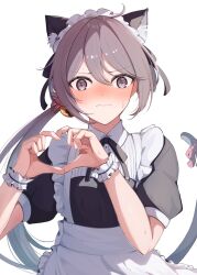 Rule 34 | 1girl, @ @, akebono (kancolle), alternate costume, animal ears, apron, bell, black dress, blush, cat ears, cat tail, closed mouth, dress, enmaided, fingernails, flower, hair bell, hair between eyes, hair flower, hair ornament, heart, heart hands, highres, jingle bell, kantai collection, long hair, looking at viewer, maid, maid headdress, pink flower, purple eyes, purple hair, ranran 3939, short sleeves, side ponytail, simple background, solo, tail, upper body, white apron, white background