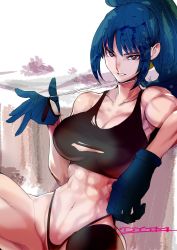 Rule 34 | 1girl, abs, bare shoulders, biceps, blue eyes, blue hair, breasts, character age, cleavage, dog tags, dytm, earrings, gloves, highres, jewelry, large breasts, leona heidern, looking at viewer, muscular, muscular female, ponytail, smile, solo, tank top, the king of fighters, the king of fighters xv, thighs, thong, torn clothes