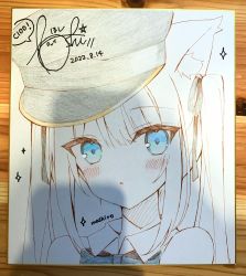 Rule 34 | 1girl, :o, animal ear fluff, animal ears, bare shoulders, blue bow, blue eyes, blush, bow, cat ears, collared shirt, commentary request, copyright request, dated, grey hat, hat, highres, hoshi (snacherubi), long hair, parted lips, peaked cap, photo (medium), shirt, signature, sleeveless, sleeveless shirt, solo, traditional media, twintails, white hair, white shirt