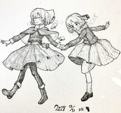 Rule 34 | 2girls, alternate costume, blush, boots, bow, capelet, cirno, closed eyes, dated, full body, greyscale, hair between eyes, hair bow, highres, holding hands, ice, ice wings, lantern, loafers, long sleeves, mashimashi, monochrome, multiple girls, open mouth, pantyhose, pleated skirt, rumia, scarf, shoes, short hair, signature, skirt, smile, socks, standing, standing on one leg, sweat, touhou, traditional media, wings