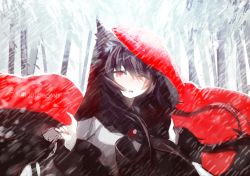 Rule 34 | 1girl, animal ears, bad id, bad twitter id, blush, brooch, brown hair, cinkai, clothes grab, commentary request, dated, fingernails, hood, imaizumi kagerou, jewelry, long sleeves, one eye closed, parted lips, red eyes, snow, snowing, snowstorm, solo, tail, touhou, tree, twitter username, upper body, wide sleeves, wind, wolf ears, wolf tail
