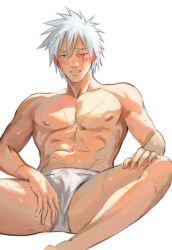 Rule 34 | 1boy, abs, blush, boxer briefs, bulge, chest hair, erection, erection under clothes, feet out of frame, grey hair, hatake kakashi, looking at viewer, male focus, male underwear, naruto (series), naruto shippuuden, navel, nipples, one eye closed, pectorals, scar, scar across eye, short hair, siinnk, sitting, solo, spread legs, stomach, sweat, thighs, topless male, underwear, white male underwear