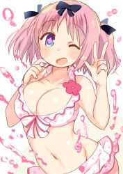 Rule 34 | + +, 10s, 1girl, bikini, blue eyes, blush, bow, breasts, cleavage, commentary request, frilled bikini, frills, hair bow, hibari (senran kagura), large breasts, looking at viewer, navel, one eye closed, open mouth, pink hair, senran kagura, short hair, short twintails, smile, solo, swimsuit, symbol-shaped pupils, tatsunokosso, twintails, w