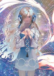 Rule 34 | 1girl, absurdres, blue dress, blue eyes, blue flower, blue hair, cowboy shot, dress, flower, grey hair, hair flower, hair ornament, hair over one eye, highres, isekai joucho, kamitsubaki studio, long hair, long sleeves, looking at viewer, multicolored hair, own hands together, pantyhose, parted lips, shiomi (lowrise), smile, solo, tassel, two-tone dress, two-tone hair, virtual youtuber, white dress, white pantyhose