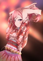 Rule 34 | 1girl, ajapar, artist name, artist request, blush, female focus, fixing hair, floral print, flower print, hair between eyes, highres, japanese clothes, kimono, looking at viewer, love live!, love live! school idol project, nishikino maki, outdoors, parted lips, ponytail, purple eyes, red clouds, red hair, red kimono, short hair, smile, solo, star (symbol), yukata
