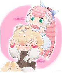 Rule 34 | 10s, 2016, 2girls, artist name, blonde hair, bow, character name, dated, dress, closed eyes, green eyes, hair bow, kemono friends, long hair, multicolored hair, multiple girls, pink background, pink fairy armadillo (kemono friends), pink hair, ponytail, signature, silky anteater (kemono friends), simple background, sitting, two-tone hair, yoshizaki mine