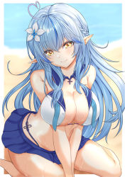 Rule 34 | 1girl, ahoge, beach, blue hair, blue skirt, blurry, blurry background, border, breasts, cleavage, detached collar, flower, frilled skirt, frills, hair between eyes, hair flower, hair ornament, half updo, heart, heart ahoge, hololive, large breasts, long hair, looking at viewer, o-ring, o-ring top, parted lips, pointy ears, sailor bikini, sailor collar, sand, scarlet mirin, skirt, smile, solo, very long hair, virtual youtuber, water, wet, white border, yellow eyes, yukihana lamy