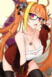 Rule 34 | 1girl, ahoge, bare shoulders, black thighhighs, blonde hair, blunt bangs, bow, braid, breasts, cleavage, cleavage cutout, clothing cutout, collarbone, diagonal-striped bow, dragon girl, dragon horns, fang, glasses, gradient background, hair intakes, hairband, highres, hololive, horn bow, horn ornament, horns, kiryu coco, kiryu coco (loungewear), large breasts, leaning forward, long hair, multicolored hair, official alternate costume, open mouth, orange hair, pointy ears, purple eyes, red eyes, side braid, skin fang, skindentation, solo, streaked hair, tail, thighhighs, virtual youtuber, yellow background